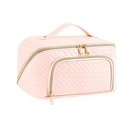 Large Cosmetic Bag Makeup Bag Waterproof PU Leather Travel Makeup Bag with Large Wide Open Bag for Women, Vintage Pink, vintage