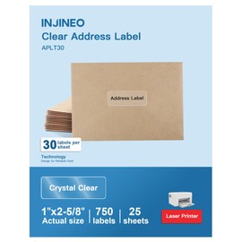 INJINEO 1" x 2-5/8" Crystal Clear Address Labels, Shipping Address Labels for Laser Printers, Mailing Labels Compatible with 5600, 8660, 15600, 18660, Easy to Peel (750 Labels, 25 Sheets)