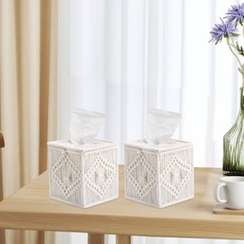 2 Pack Tissue Box Cover Macrame Square Open-Bottom Tissue Box Holder Boho Decor Tissue Organizer Bohemian Handmade Woven Tissue Cube Box for Bedroom Bathroom Dresser Living Room Office