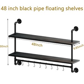 ROGMARS Industrial Pipe Shelving Pine Wood Floating Shelves for Wall, 48 inch Kitchen Wall Mounted Shelves Bathroom Shelves with Towel Bar Coffee Bar Shelf with Hooks for Living Room Bedroom
