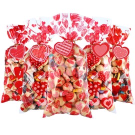 100 Pcs Valentine Cellophane Treat Bags with 50 Pcs Heart Shape Gift Tags and 200 Pcs Twist Ties Plastic Valentine Goodie Candy Bags Gift Bags Valentine Favor Bags for Valentine's Day Party Supplies
