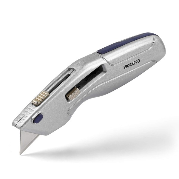 WORKPRO Retractable Utility Knife and Self-retracting Safety Box Cutter 2-in-1 with 2 Extra Blades Included
