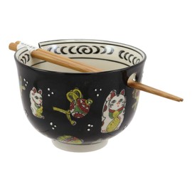 Ebros Gift Auspicious Lucky Meow Cat Japanese Maneki Neko Colorful Porcelain Bowl With Bamboo Chopsticks Set For Salad Ramen Pho Soup Cereal Home Kitchen Decorative Bowl (Black)