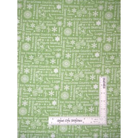 Benartex Winter Games Snow Ski Skate Words White Green Cotton Fabric Benartex By The Yard