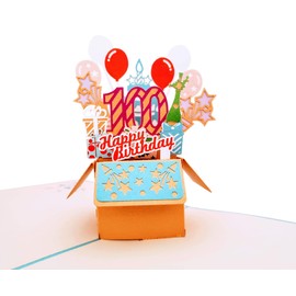 iGifts And Cards Happy 100th Blue Birthday Party Box 3D Pop Up Greeting Card – Someone Turning 100, Hundred, Awesome, Balloons, Unique, Celebration, Feliz Cumpleaños, Fun, Mom, Dad