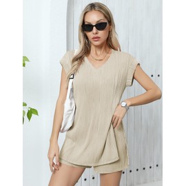 Missufe Women's Summer V-Neck Slit Top and Shorts Loose Lounge Leisure Set 2-Piece Outfits, apricot