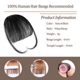 Clip In Bangs-Fake Bangs Hair Clip Natural Black Clip On Bangs Real Human Hair Air Curtain Bangs For Women Clips Wispy Bangs Hair Extensions Fringe With Temples Hairpieces Curved Bangs For Daily Wear
