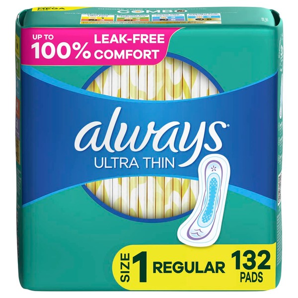 Always Ultra Thin, Feminine Pads For Women, Size 1 Regular Absorbency, Multipack, Without Wings, Unscented, 44 Count X 3 Packs (132 Count Total)