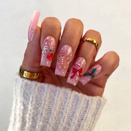 LBPEPAMZ Christmas Press on Nails Medium Long Square Fake Nails with Snowman Crutch Bow Designs Snowflake Xmas Tree Vase False Nails Full Cover Glossy Acrylic Nails Stick on Nails for Women 24Pcs