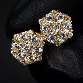 Sterling Octagon Flower Cluster Yellow Gold 925 Sterling Silver Iced Mens Studs Earrings