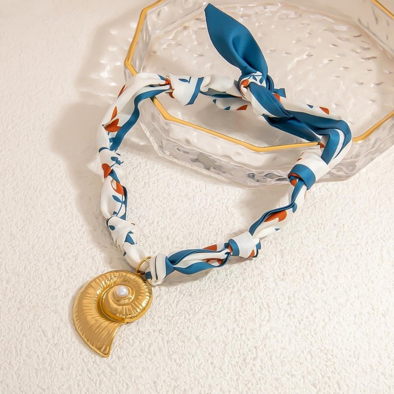Vanesseva Scarf Necklace with Shell Charm - Bandana Choker for