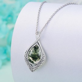 PELOVNY Celtic Knot Necklace S925 Sterling Silver Moss Agate Teardrop Necklace Irish Celtic Pendant Jewelry Gifts for Women