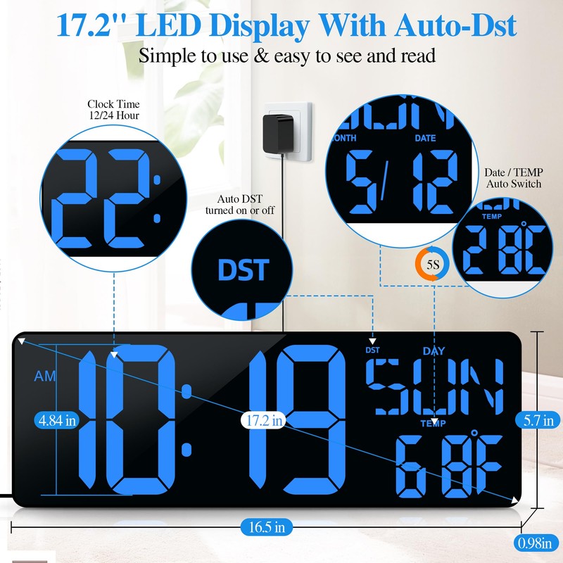 Large Digital Wall Clock with Remote Control 17.2" LED Large