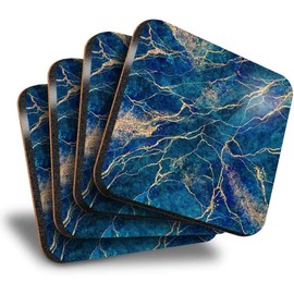 Sawfish® Coaster Set of 4 Square - Navy Blue Marble Stone Effect Drink Glossy Coasters/Tabletop Protection for Any Table Type