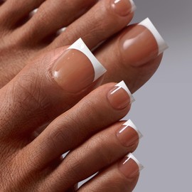 BTArtbox Press On Toenails - Lamp-Curable Real Square Toe Nail Press Ons with Glue for Women, Semi-Transparent Fake Toe Nail Tips with French Tip in 15 Sizes - 30 Toenails Kit, Exude Elegance