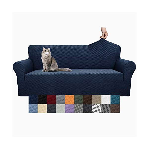 YEMYHOM Couch Cover Latest Jacquard Design High Stretch Sofa Covers for 3 Cushion Couch, Pet Dog Cat Proof Slipcover Non Slip Magic Elastic Furniture Protector (Sofa, Navy)
