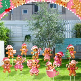 Roowest 12 Pcs 3D Pink Christmas Gingerbread Man Decorations Outdoor, Large Gingerbread Yard Stakes Christmas Yard Signs with Stakes Xmas Lawn Signs for Holiday Garden Lawn Patio Pathway Decor Outside