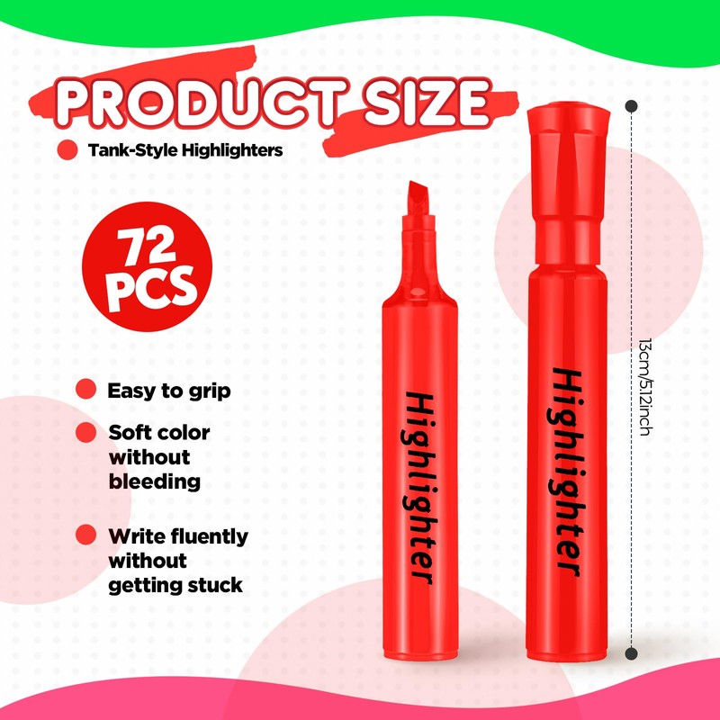Qilery 72 Pack Highlighters Bulk, Tank Style Chisel Tip Highlighters