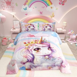 Erosebridal Rainbow Unicorn Twin Bedding Sets for Girls, Pink Unicorn Kids Comforter Set with Five-Pointed Star for Girls, Unicorn Bedroom Decor, 1 Quilt with 1 Pillowcase for Teens Boys All Season