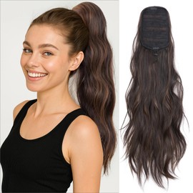 Benehair Ponytail Extension 26" Long Curly Wave Clip in Hair Extension Natural Fashion Drawstring Ponytail Synthetic Clip in Ponytail Hair Pieces for Women (Brown with Auburn Hightlight, 120g)