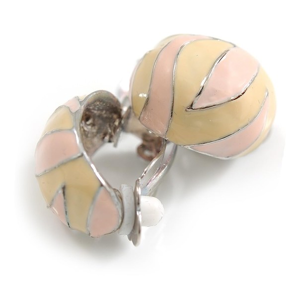 20mm Tall/Pink/Cream Enamel C-Shape Clip On Earrings in Silver Tone
