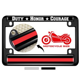 Motorcycle Metal License Plate Frame with Support Firefighters Duty Honor Courage Thin Red Line (Stripe) Fire Service Design - Black