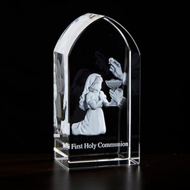 Christian Brands Home Décor - Cathedral Window-Shaped Laser Etched Glass Block by Jeweled Cross, 1.5" W x 3.25" H, First Communion Girl