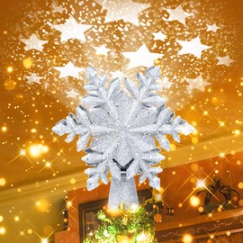 Christmas Tree Topper Lighted, Rotating Star Pattern Projector, 3D Hollow Glitter Lighted Snow Tree Topper for Xmas Party Holiday Christmas Tree Decorations(Silver Snow)