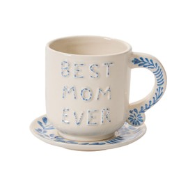 The Barrington Garage Best Mom Ever Hand-Painted Ceramic Mug with Saucer, Blue/White