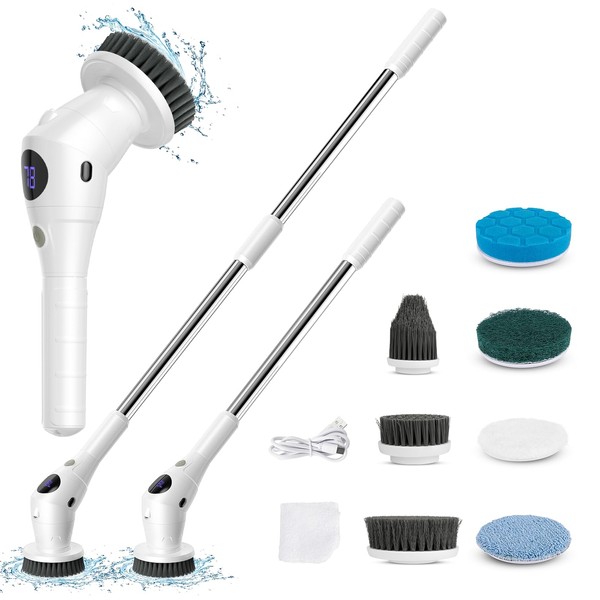 untovei Electric Spin Scrubber, Cordless Shower Scrubber with 7 Replacement Head, 3 Adjustable Speed Power Scrubber, Bathroom Scrubber Cleaning Brush with Extension Handle for Bathtub Floor Tile Grout