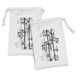 Ambesonne Tree of Life Fabric Pouch Set of 2, Monochrome Simple Design Silhouettes of Tree Leaves Japanese Boho Image, Small Drawstring Bag for Toiletries Masks and Favors, 9" x 6", White and Black