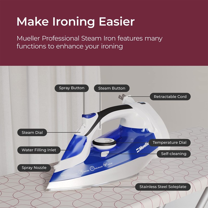 Mueller Professional Grade Steam Iron, Retractable Cord for Easy Storage,