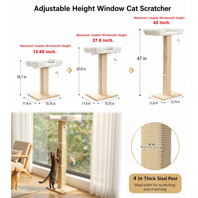 Cat Scratching Post with Large Window Perch, 47-Inch Tall Sisal