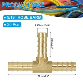 PATIKIL 5/16" Barb Tee Fitting, 20 Pcs 3 Way Union T-Shaped Brass Hose Barbed Fittings Intersection for Water Fuel Air Oil Gas
