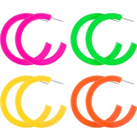 Skylety 4 Pairs 80s 90s Neon Earrings for Women Retro Pendant Acrylic Drop Dangle Earrings for Party Cosplay Accessories(Half Hoop Style)