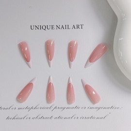 24 Pcs Pink Stiletto Press on Nails Long Acrylic Fake Nails French Tip False Nails with Solid Color Designs Glossy Glue on Nails Holiday Artificial Stick on Nails for Women Girls Art Supplies