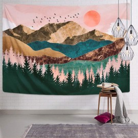 Alishomtll Tapestry Forest Tree Mountains Tapestry Cloth Sunset Wall Towel Wall Hanging Landscape Sun Decoration for Children's Room 150 x 130 cm