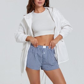 Women Gingham Boxer Shorts Y2k Cute Stripes Plaid Button Elastic Waist Lounge Boxers Dark Blue M