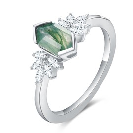 IRROYA Natural Moss Agate Wedding Rings 1.1 Carats Bezel Setting Long Hexagon Moss Agate Ring Unique Style Platinum Plated 925 Sterling Silver Promise Ring Natural Green Gemstone Ring for Wedding Birthday Gifts for Her(9)