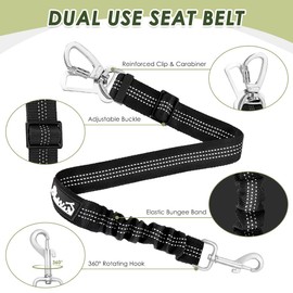 SlowTon 2 Pack Dog Seat Belt - Dog Car Seat Belt Adjustable with Elastic Bungee Buffer, Dog Car Seatbelt Tether & Latch Bar Attachment, Nylon Pet Safety Harness Leash for Vehicle (Black,2 in 1)