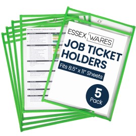 Essex Wares - 5 Pack, Green, Job Ticket Holders, 10" Wide x 13.5" Tall - Clear Plastic Shop Ticket Holders - Easy to Use, Reusable & Easy Erase Plastic Invoice Holders, Water-Resistant & Durable