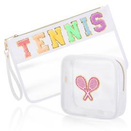 Sunnymove 2 Pcs Pink Tennis Cosmetic Bag Gifts Sport Cheer Makeup Bags Clear PVC Waterproof Toiletry Zipper Travel Pouch for Women Girls Soccer Softball Volleyball Tennis Lovers Players Team