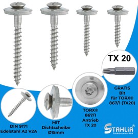Stahlia Plumber Screws with Sealing Washer 4.5 x 40 mm Torx Tapping Screws (Pack of 100) Stainless Steel Screws Trapezoidal Sheet Metal Screws DIN 9171 Includes Bit TX20