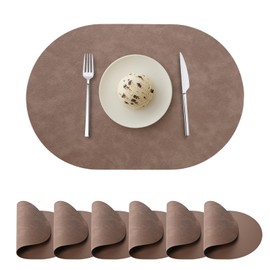 Oval Placemats Set of 6, Faux Leather Place Mats for Dining Table Dual Sided Placemats Heat Resistant Washable Wipeable Table Mats for Indoor Outdoor, Coffee