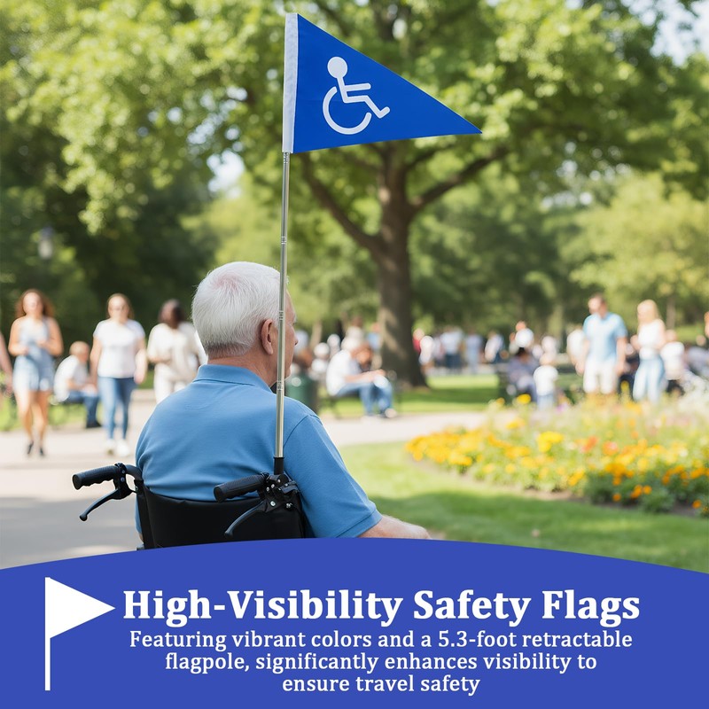 Wheelchairs Safety Flag with 5.3ft Retractable Flagpole and Sturdy Clamp,