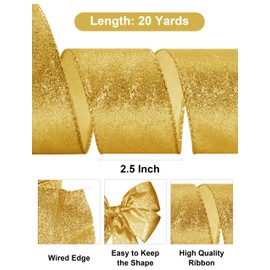 SIMISI RIBBON Gold Glitter Velvet Ribbon Wired for Christmas Tree Decorations, Outdoor Decor, Garland and Wreath Ornaments (2.5 Inch, 20 Yards)