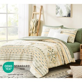 Geniospin King Size Comforter Set, Boho Bed in a Bag 7 Pieces Bedding Set,Olive Green Reversible Aztec Design with Soft Microfiber, Lightweight, Warm and Breathable (King, 102x90 Inches)