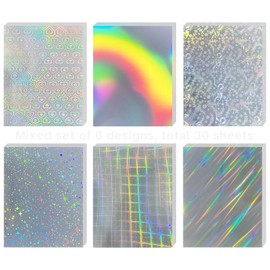 STARZIWEN 30 Sheets Holographic Vinyl Printable Sticker Paper A4 Size (8.25" x 11.7") US letter size Rainbow Glossy Sticker Self-Adhesive Waterproof Dries Quickly For Inkjet/Laser Printer(6 Desg-Mixed
