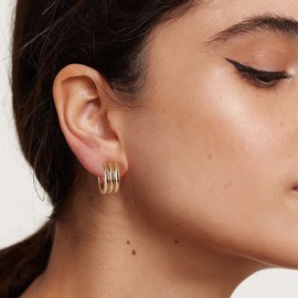 MTMY Huggie Hoop Earrings 14K Gold Plated Cubic Zirconia Dainty Simple Cute Elegant Hoop Earring for Women Hypoallergenic Jewelry(three line)