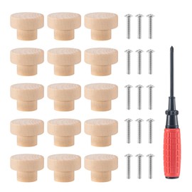 MumdoYAL Pack of 15 wooden furniture knobs, cabinet knobs, knobs for cupboards and drawers, wooden handles for cabinets, door knobs, with screws, 35 x 25 mm, round, wood